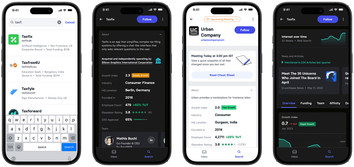 Mobile App 2.0 showing search experience and company profiles in light and dark mode